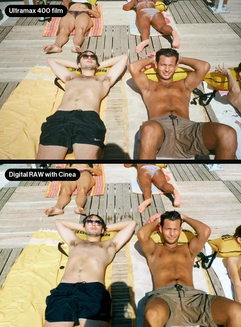 The same beach scene on Ultramax 400 film, and below it as a digital RAW with Cinea Ultramax